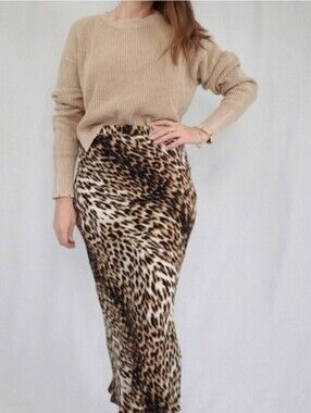 Olivaceous Chic Leopard Print High Waist Midi Skirt Beige Brown Animal Print